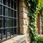 Grillage de protection en fer forgé installé sur une fenêtre de maison de campagne en pierre