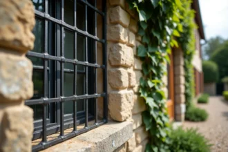 Grillage de protection en fer forgé installé sur une fenêtre de maison de campagne en pierre