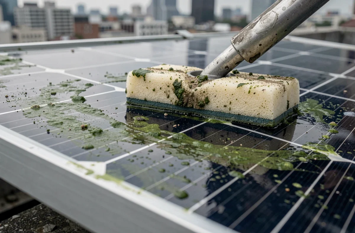 Gros plan sur le nettoyage d'un panneau solaire encrassé avec une serpillière éponge