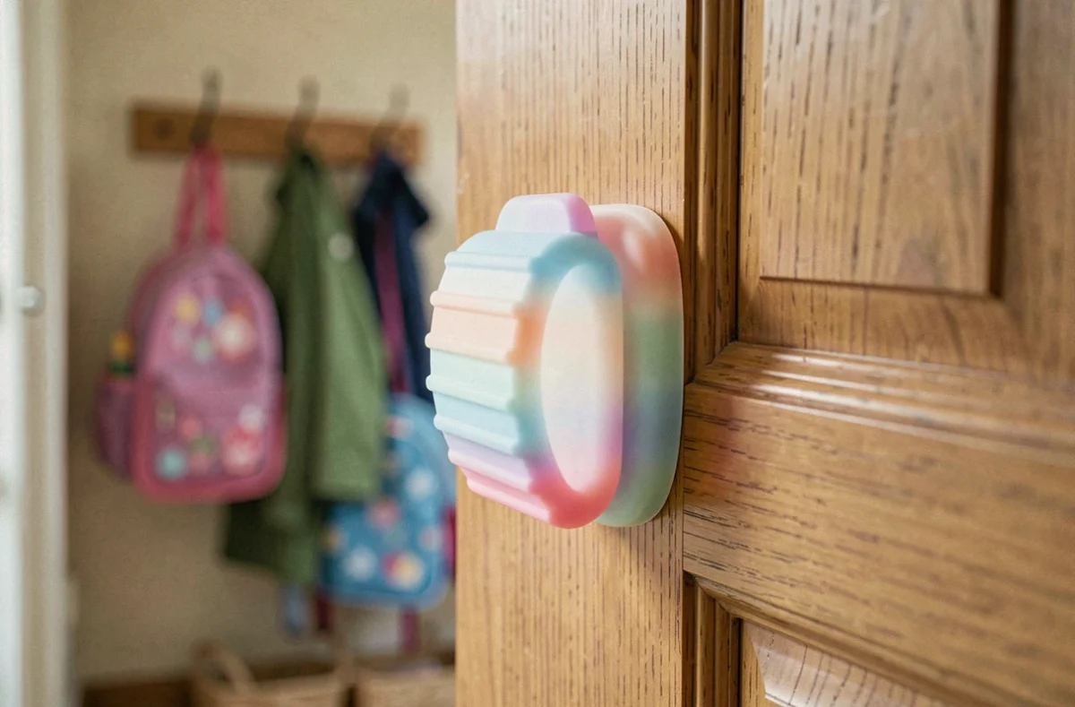 Gros plan sur un pince doigt en silicone coloré installé sur la charnière d'une porte en bois dans un couloir
