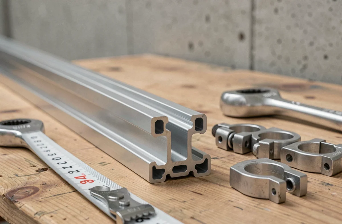 Gros plan sur un rail de montage solaire en aluminium avec accessoires de fixation sur un établi