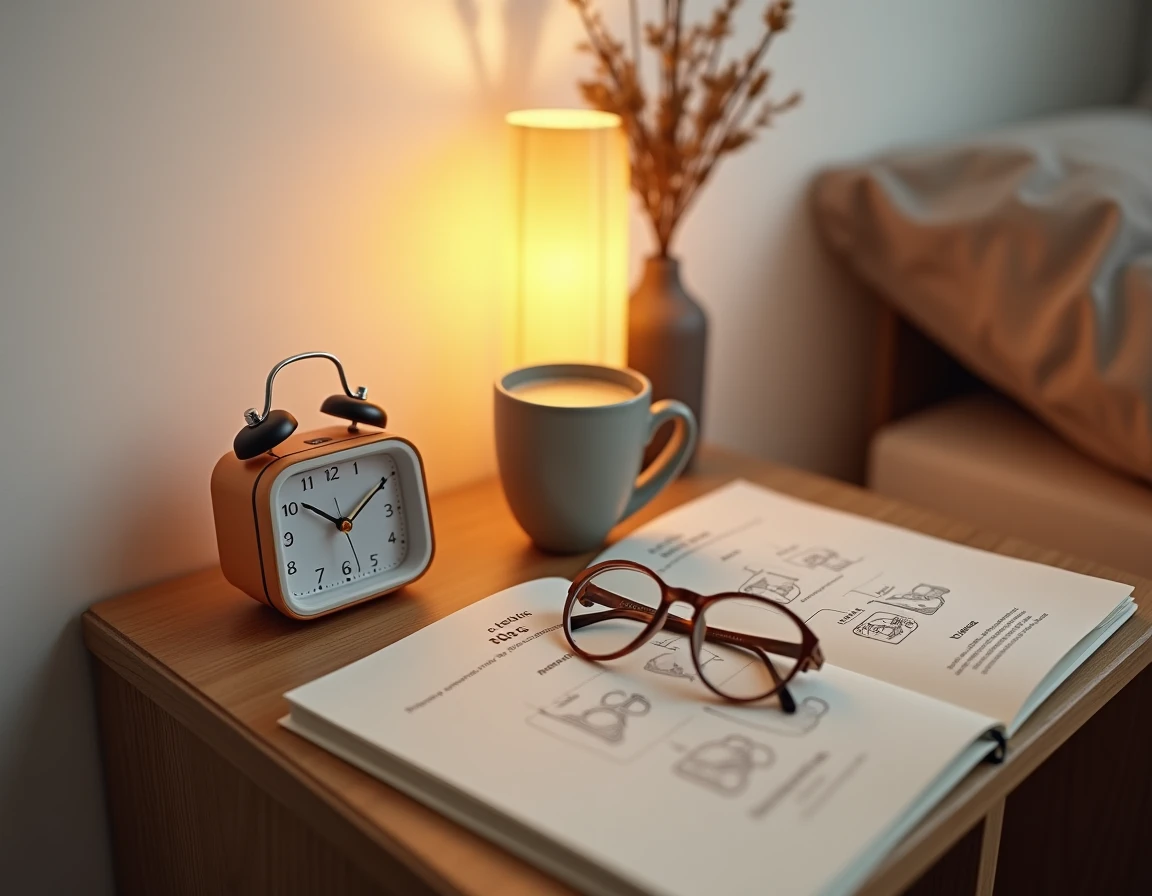 Gros plan d'un réveil simulateur d'aube avec son mode d'emploi ouvert et un café chaud sur une table de nuit en bois rustique