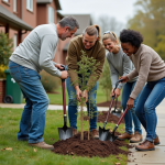Groupe d'adultes plantant des arbres dans un quartier résidentiel
