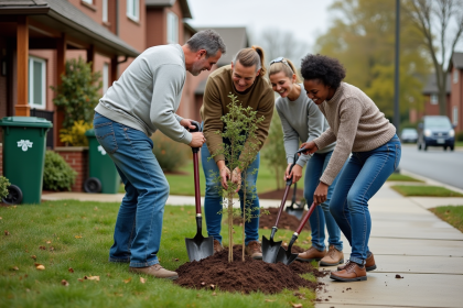 Groupe d'adultes plantant des arbres dans un quartier résidentiel