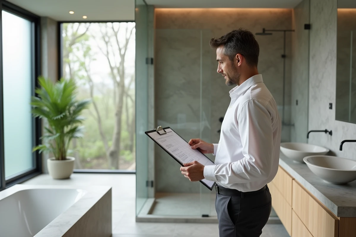 Homme regardant plans dans salle de bain moderne