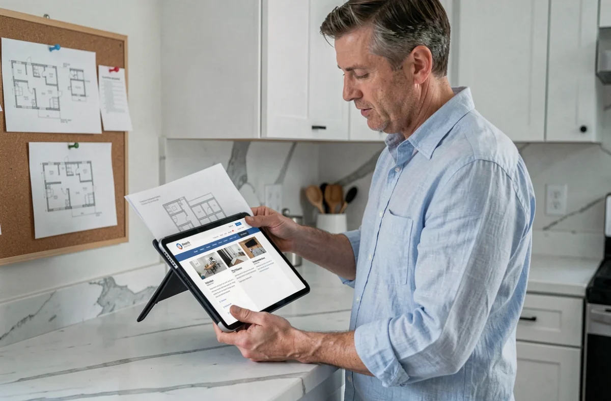 Homme comparant un plan imprimé kozikaa avec une version archivée du site sur une tablette