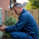 Homme en overalls vérifiant la pompe à chaleur extérieure