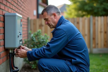 Homme en overalls vérifiant la pompe à chaleur extérieure
