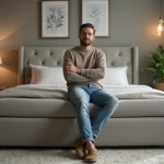 Homme d'âge moyen assis sur un lit ottoman dans une chambre moderne