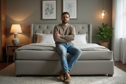 Homme d'âge moyen assis sur un lit ottoman dans une chambre moderne