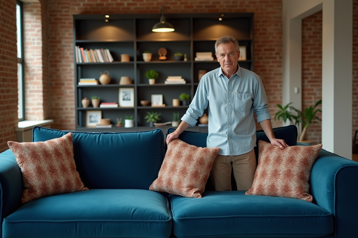 Homme posant des coussins sur un canapé en velours bleu fonce