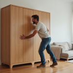 Homme en jeans déplaçant une grande armoire en bois dans un salon