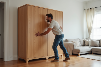 Homme en jeans déplaçant une grande armoire en bois dans un salon