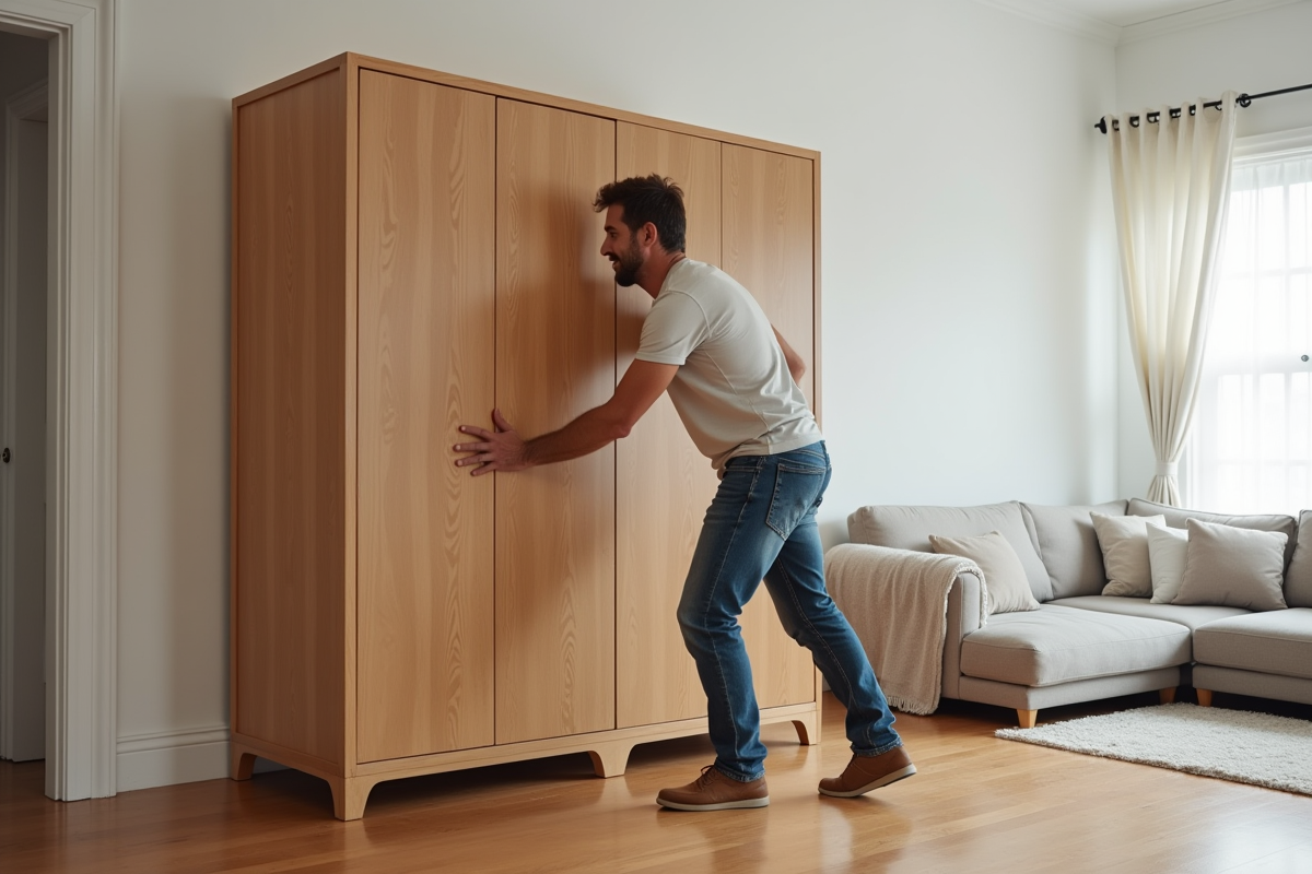 Homme en jeans déplaçant une grande armoire en bois dans un salon