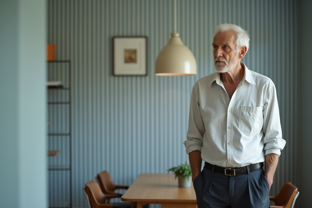 Homme âgé dans une salle à manger moderne avec papier peint à rayures
