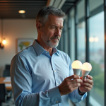 Homme d affaires examinant deux ampoules LED économes en énergie