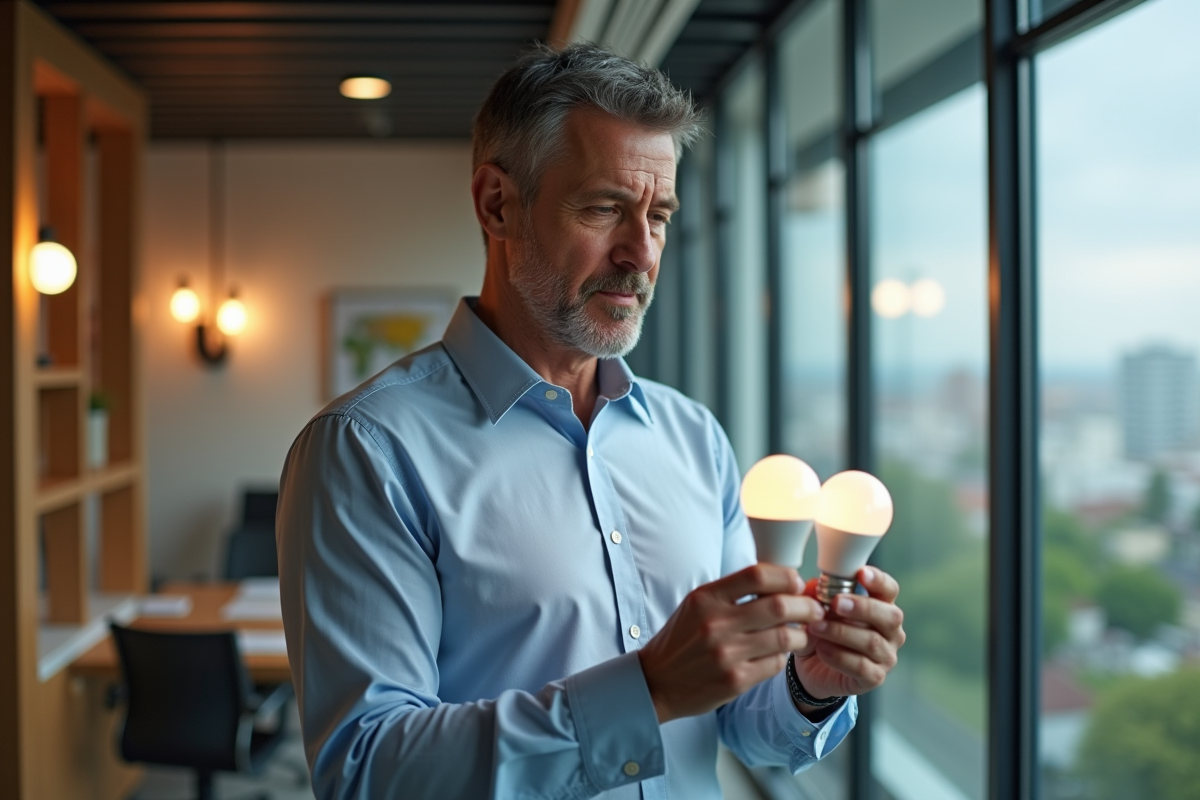 Homme d affaires examinant deux ampoules LED économes en énergie