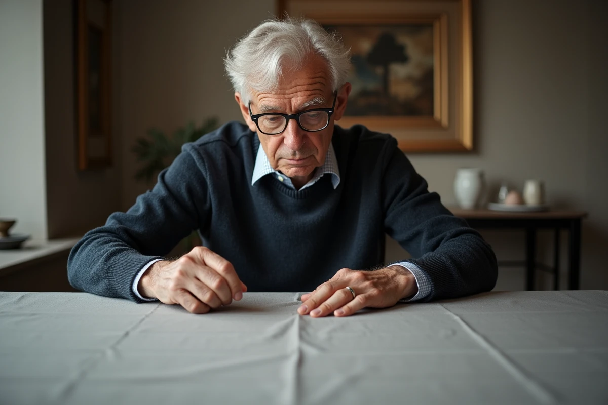Homme âgé inspectant une nappe de table haut de gamme