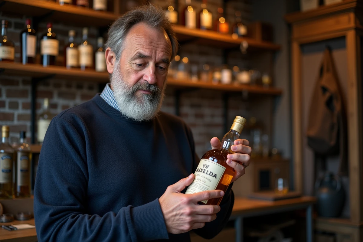 Homme examinant attentivement une bouteille de whisky édition limitée dans une cave à whisky aux murs en briques apparentes