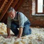 Homme en overalls inspectant l'isolation dans un grenier