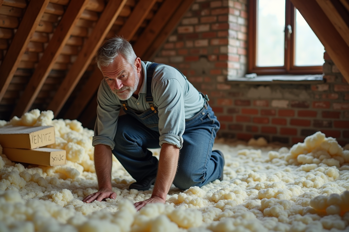 Homme en overalls inspectant l'isolation dans un grenier