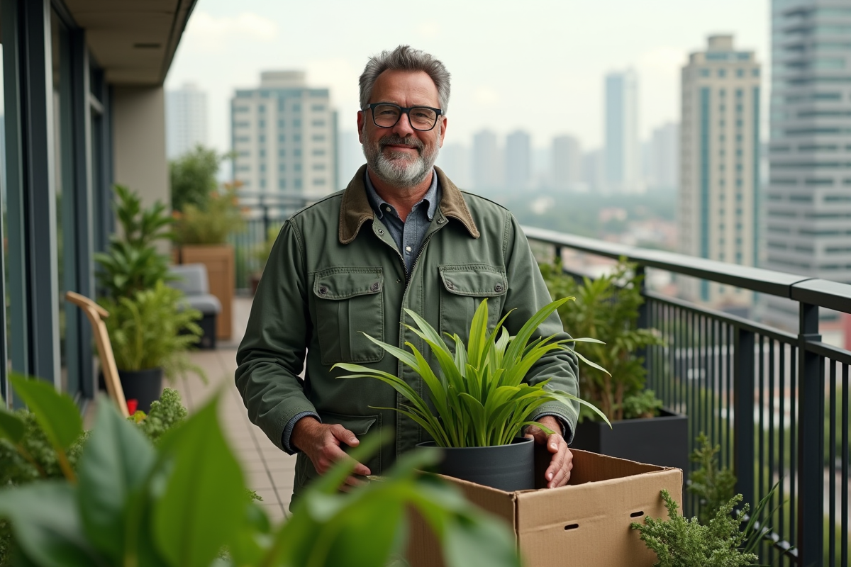 Homme avec plantes sur le balcon en ville