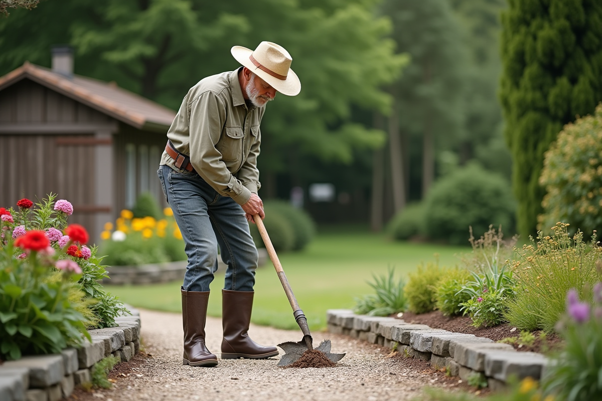 Homme âgé avec chapeau de paille utilisant un désherbeur dans le jardin