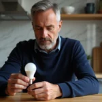 Homme d'âge moyen examinant une ampoule LED E14 dans sa main