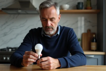 Homme d'âge moyen examinant une ampoule LED E14 dans sa main