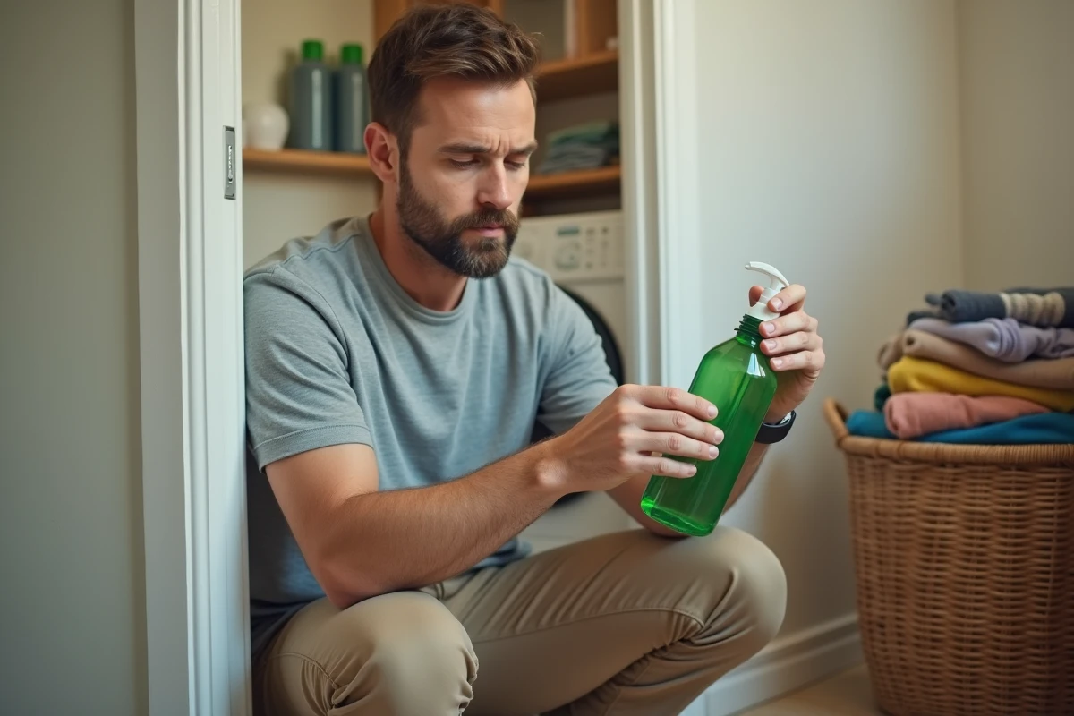 Homme lisant l'étiquette d'une bouteille de lessive liquide à côté d'un panier de linge en salle de bain familiale