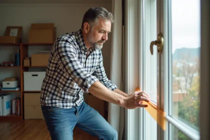 Homme appliquant du ruban adhésif sur une grande vitre