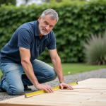 Homme mesurant des planches de bois pour terrasse extérieure