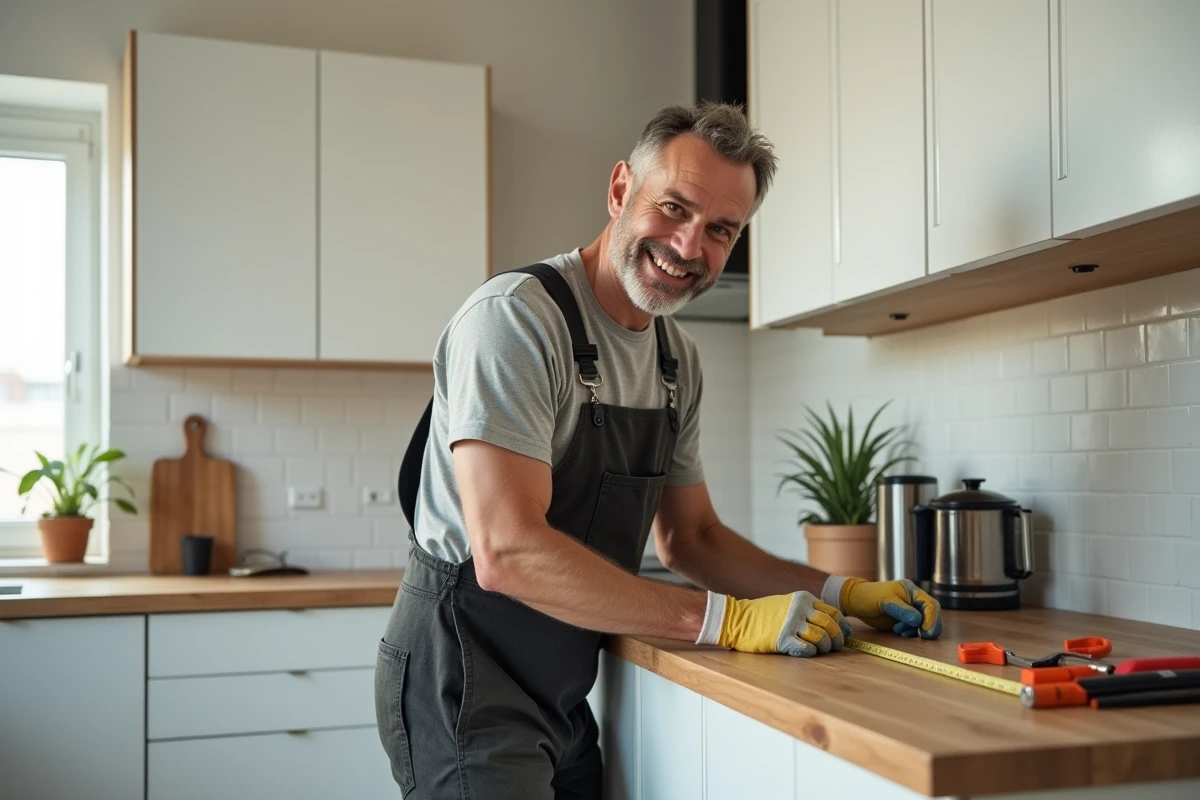 Homme mesurant une cuisine renovée avec un ruban
