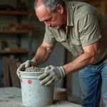 Homme mesurant du mortier dans un atelier pratique