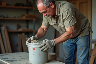 Homme mesurant du mortier dans un atelier pratique