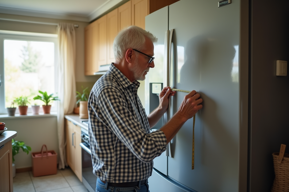Homme âgé mesure un réfrigérateur dans sa cuisine