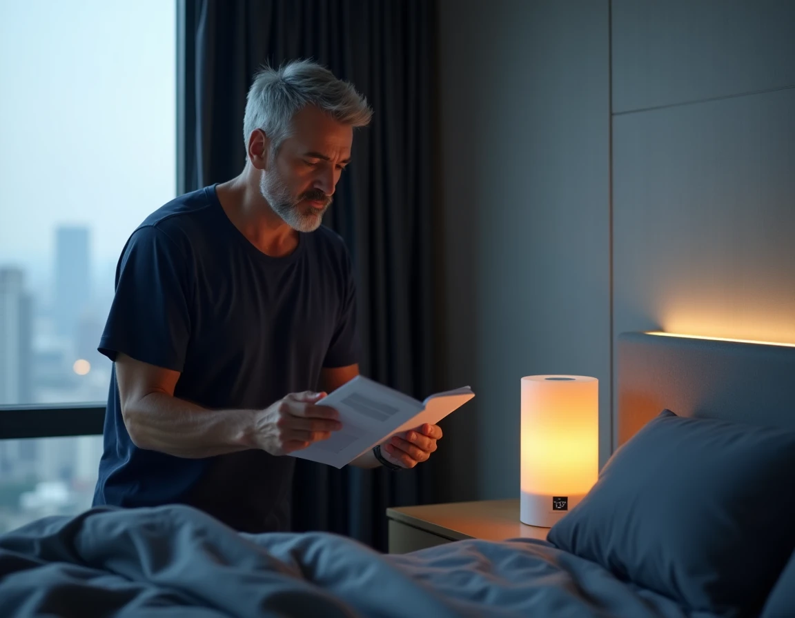 Homme d'âge moyen consultant le mode d'emploi de son réveil lumineux dans une chambre moderne aux murs en béton