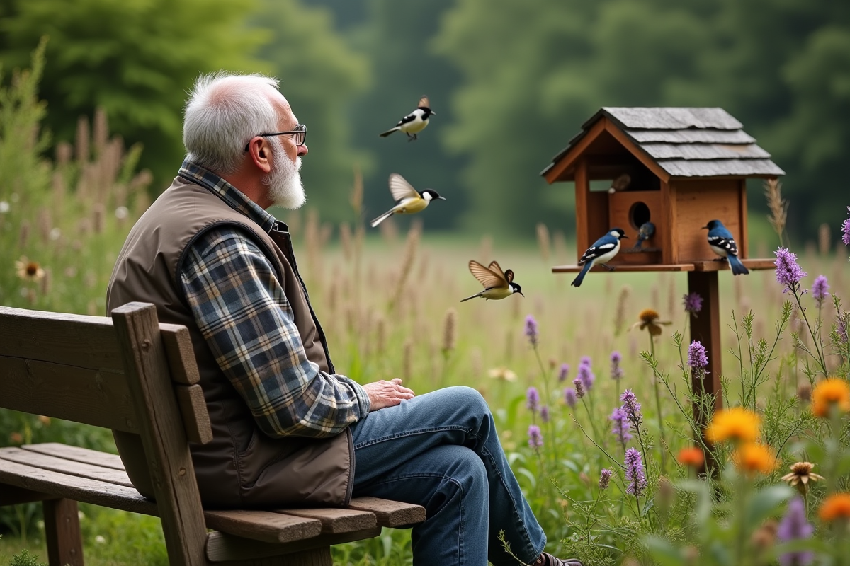 Homme âgé regardant des oiseaux autour d’un nichoir dans le jardin