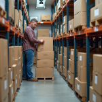 Homme d'âge moyen en plaid organise des cartons dans un entrepôt