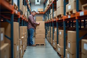 Homme d'âge moyen en plaid organise des cartons dans un entrepôt
