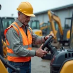 Homme en tenue de travail inspectant un miniexcavator
