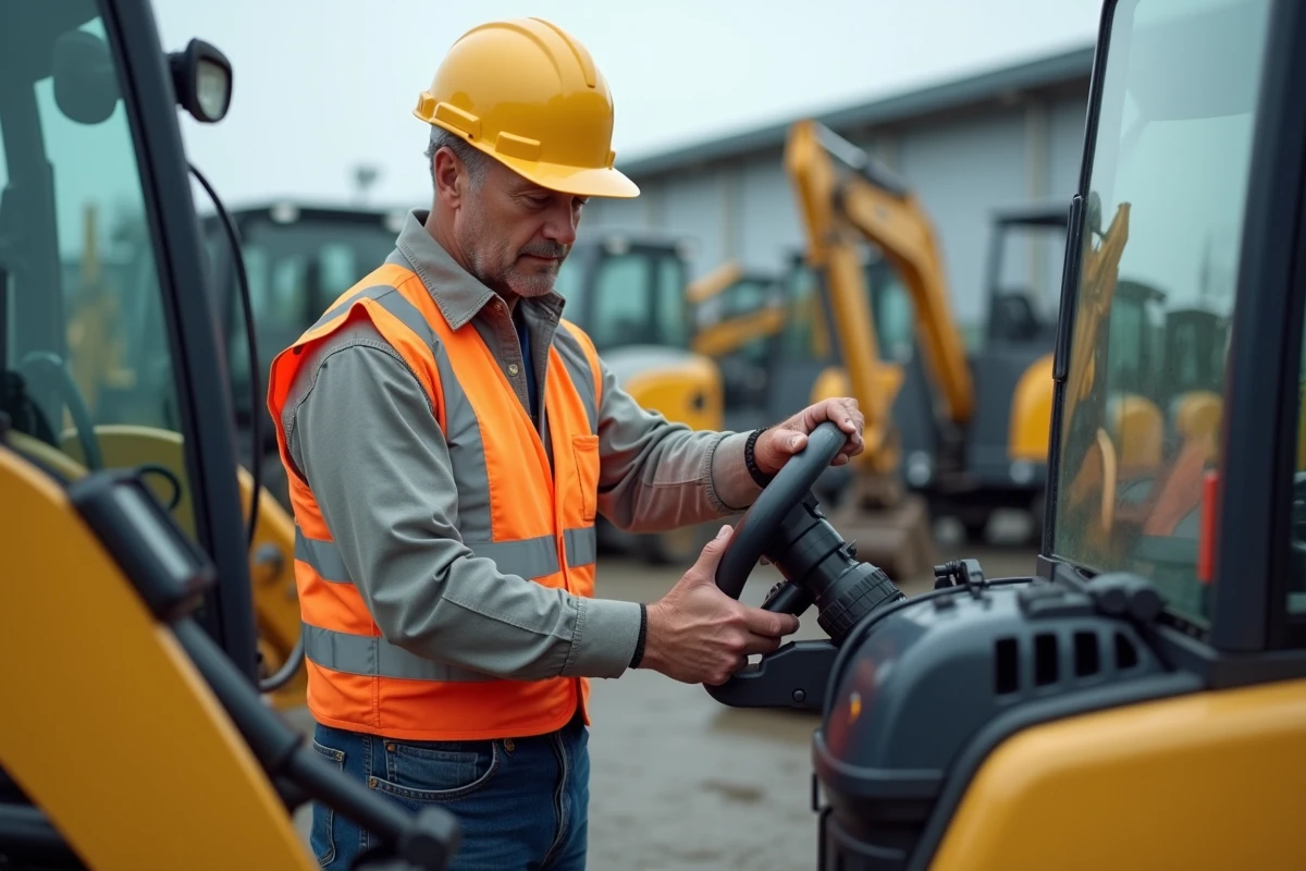 Homme en tenue de travail inspectant un miniexcavator