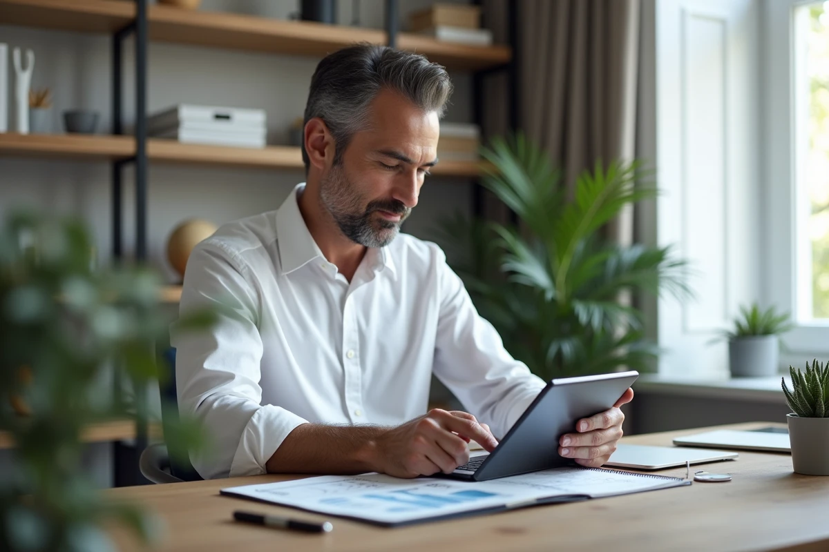 Homme planifiant les dépenses mensuelles du foyer sur une tablette dans un bureau à domicile