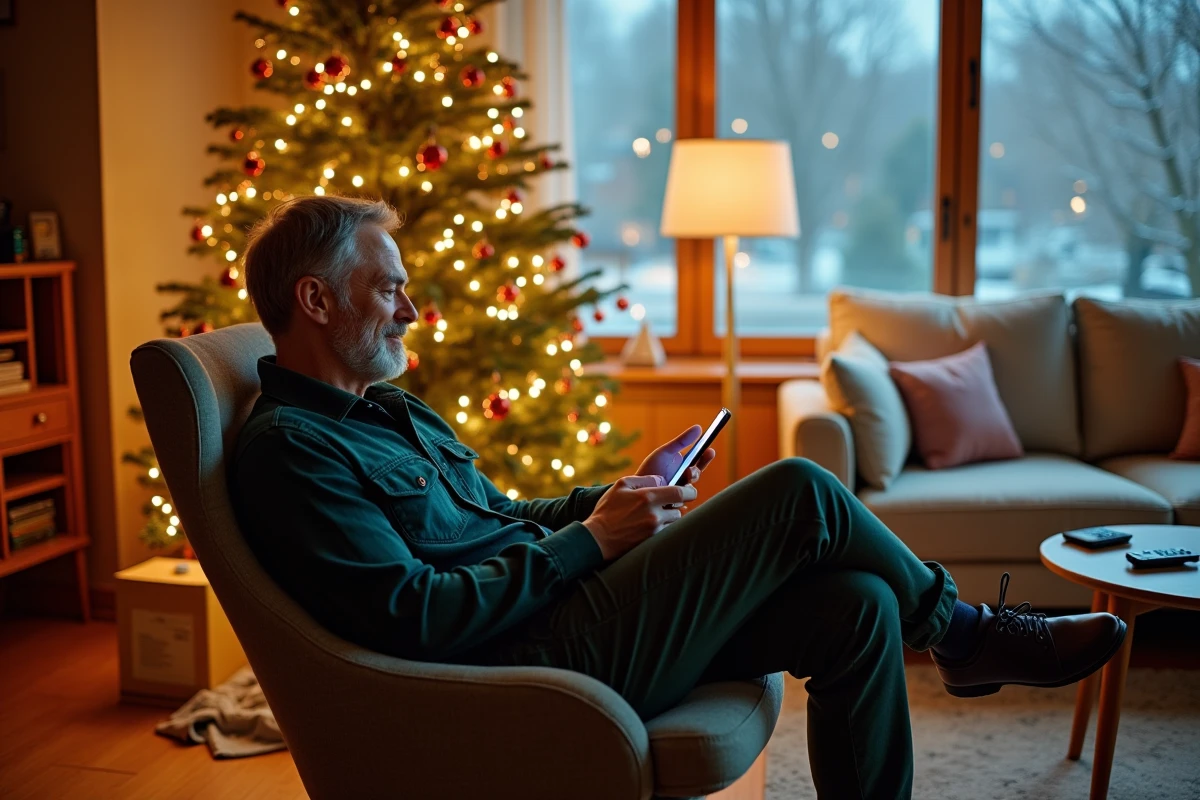 Homme détendu regarde la décoration de Noël avec son smartphone