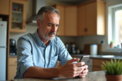 Homme d'âge moyen regardant un site de rénovation cuisine