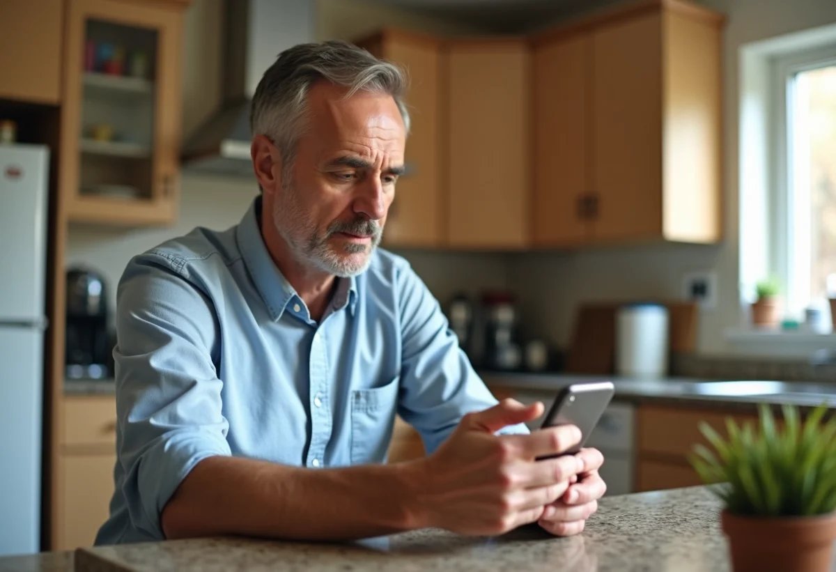 Homme d'âge moyen regardant un site de rénovation cuisine