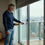 Homme inspectant un volet roulant intérieur dans un salon moderne