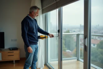 Homme inspectant un volet roulant intérieur dans un salon moderne