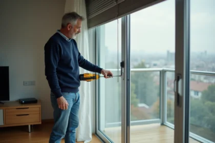 Homme inspectant un volet roulant intérieur dans un salon moderne