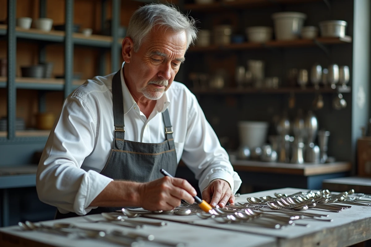 Homme nettoyant des couverts en argent dans un atelier